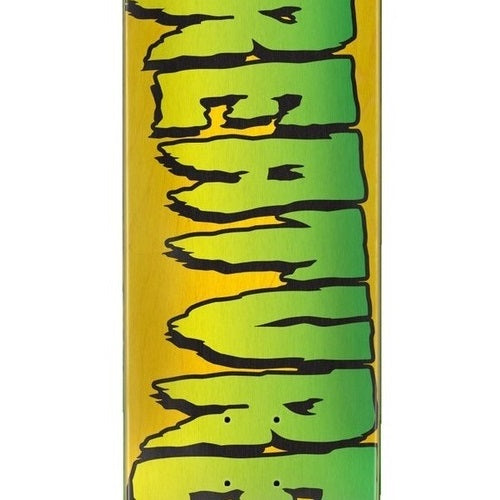 Skateboard deck with green and yellow design on a white background