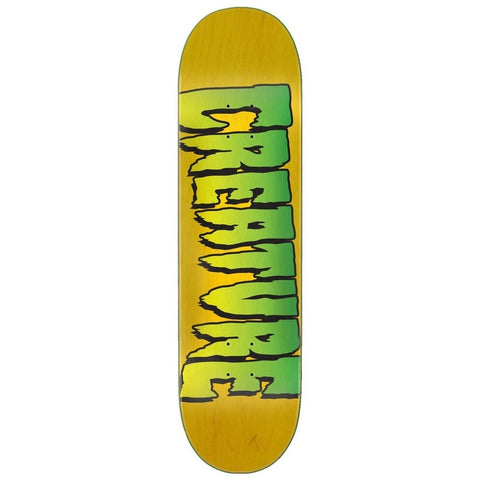 Skateboard deck with 'Creature' logo on a yellow background