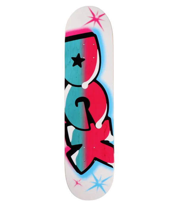 Skateboard deck with colorful abstract design on a white background