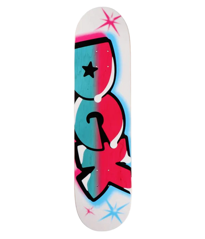 Skateboard deck with colorful abstract design on a white background