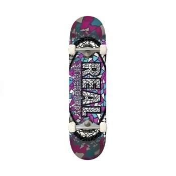Skateboard with colorful design and brand name on a white background