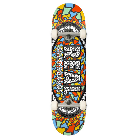Colorful skateboard deck with geometric pattern on a white background